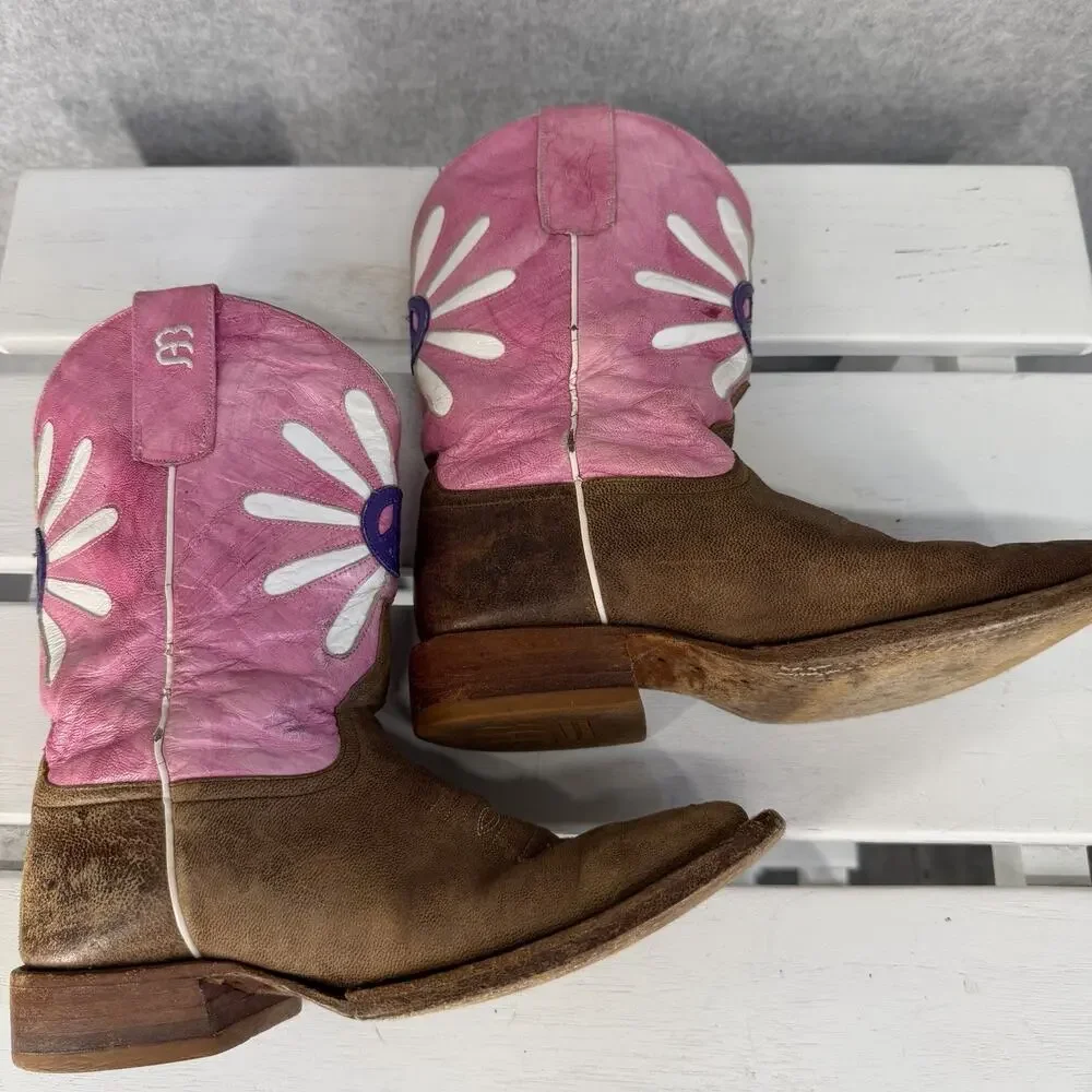 Anderson Bean Horse Power Western Boots Girls 3 Pink Floral Square Toe